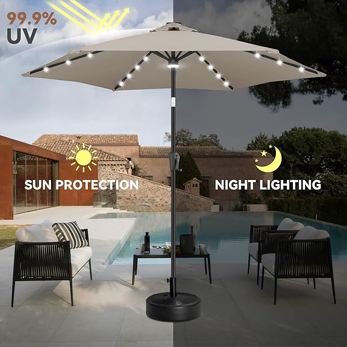 10ft Solar Patio Umbrella - Outdoor Umbrella with Centre Surround Light 24 LED Lights, Market Table Umbrella with Tilt for Pool, Porch, Garden, Deck, Backyard UV Protection (Taupe)