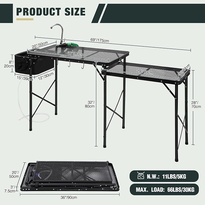 REDCAMP Lightweight Portable Camping Kitchen Table with Sink, Metal Folding Grill Table Cooking Station with Hooks for Outdoor, BBQ, Party and Picnic(Faucet/Sprayer Included)
