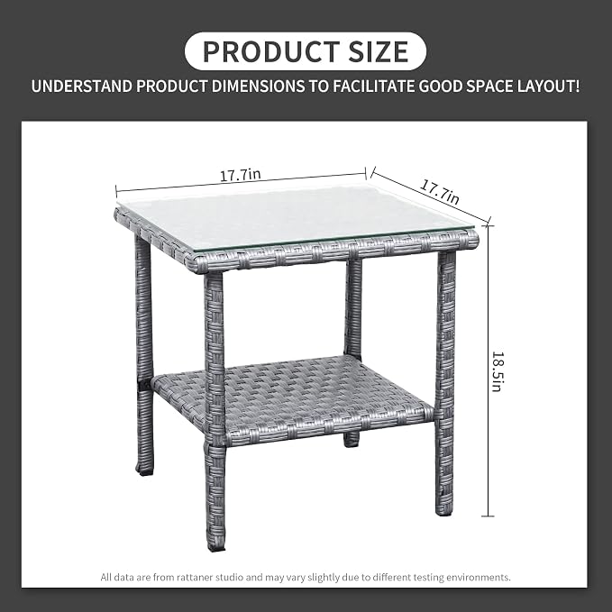 Outdoor PE Wicker Side Table - Patio Rattan Garden Coffee End Square Table with Glass Top-2-layer Table Furniture, Grey