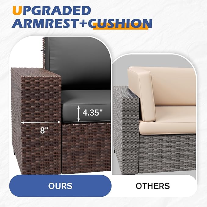 6 Pieces Outdoor Patio Furniture Set with Table Brown Rattan Sectional Sofa Conversation Sets for Balcony Lawn and Garden (Gray, 6 pcs w/Table)