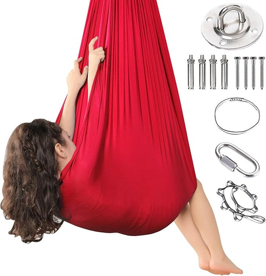 Kids Sensory Therapy Swing Hammock Children's Swing Hammock Indoor Elastic Cuddle Pod Swing for Autism Boys Girls with ADHD SPD Asperger's Sensory Integration Special Needs (Red)