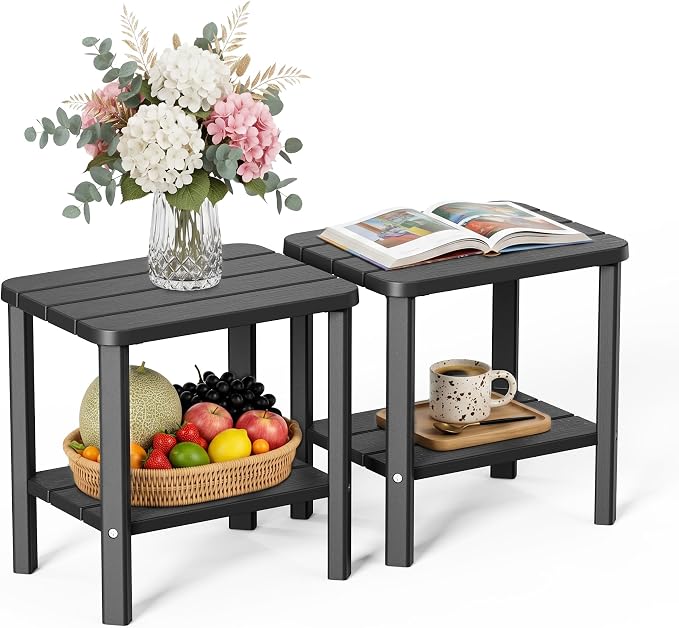 Side Table, Premium & Durable Outdoor Side Table, Resin Patio Side Table with Waterproof Design for Patio, Backyard, Pool, Porch Black(Two-piece Set)
