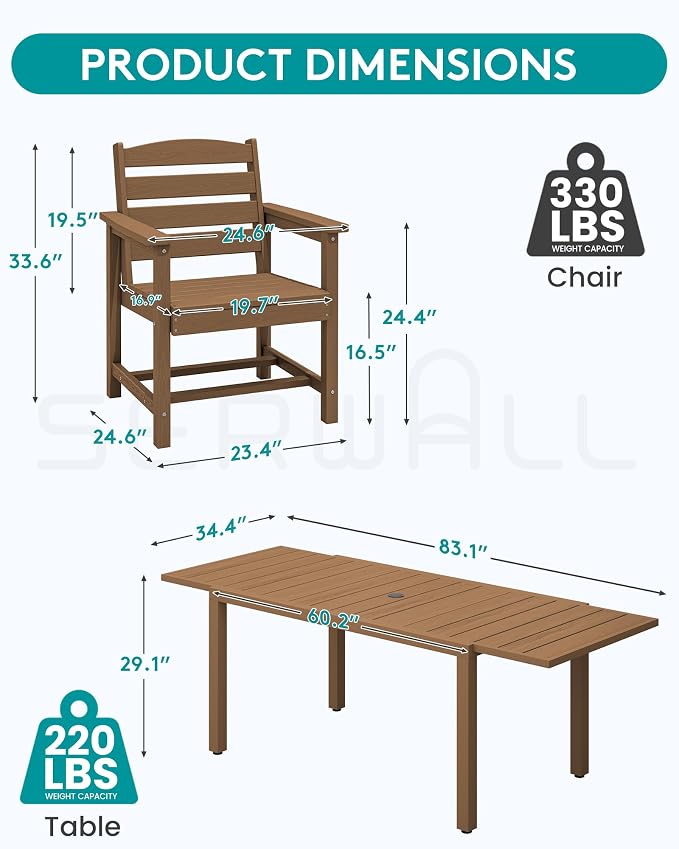 SERWALL 60" - 83" Expandable Outdoor Dining Table and 6 HDPE Chairs, Brown | Outdoor Dining Set for 6, All Weather Aluminum and HDPE Outdoor Furniture Set, Extendable Patio Dining Table