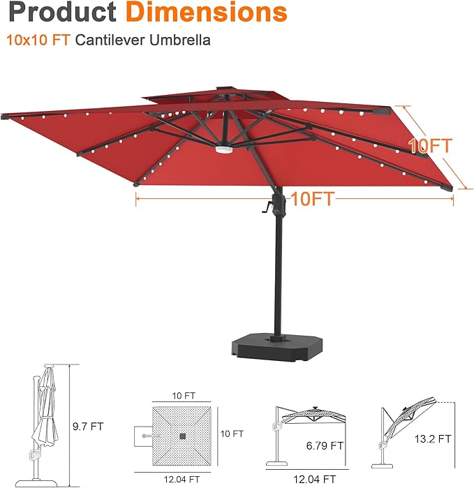Aegis Pro 10' X 10' Cantilever Umbrella with Built-In LED Lights, Reinforced Aluminum Ribs & Pole, 360-Degree Rotation, Includes Cover for Garden Deck Pool Patio