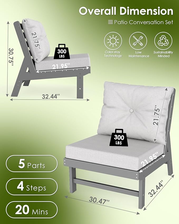 GREENVINES Outdoor-Couch | HDPE Plastic | Patio Sectional Conversation Sets | All Weather Couches | Armless Single Sofa | for Porch Deck Lawn | Gray Frame Light Gray Cushion