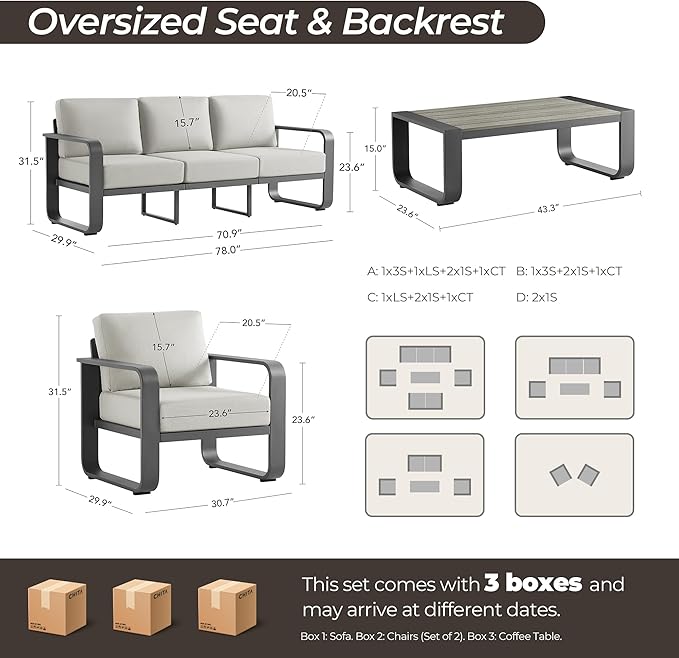 CHITA Aluminum Patio Furniture Sets, 5 Seats Patio Conversation Sets with Coffee Table, 4 Pieces Patio Sofa Sets with Thickened Olefin Fabric Cushion for Backyard, Garden, Balcony and Poolside