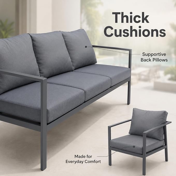 Aluminum Patio Sectional Furniture Set,4 Piece Patio Conversation Sets Outdoor Patio Furniture Set Sofa with Coffee Table & Washable Cushions Grey
