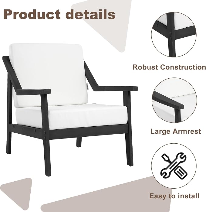 Outdoor Patio Furniture Set, 3 Piece Patio Conversation Sets with Washable Thick Cushions, All-Weather Solid Wood Patio Bistro Set for Porch, Balcony, Black Frame & Beige Cushion