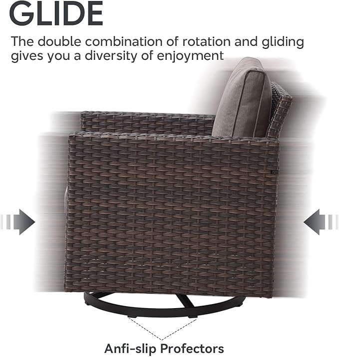 Outdoor Swivel Rocker Chairs - 5 Piece Patio Bistro Set Wicker Patio Rocking Chairs Set with Side Table and Ottomans, 360° Swivel Glider Proch Furniture for Balcony Deck - Brown/Grey