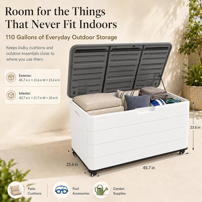 ADDOK 110 Gallon Outdoor Deck Box with Wheels, Large Waterproof Resin Storage Box with 2 Locking Casters, Lid Support Rod and Lockable Lid, Patio Cushion Storage Bench, White
