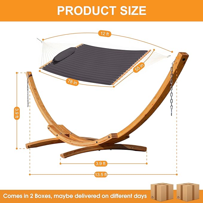 Lazy Daze Hammocks 12 FT Double Quilted Fabric Hammock and 13 FT Natural Wood Arc Stand, with Spreader Bar, Removable Pillow, 2 Person Hammock for Poolside Outdoor Patio, 450 lbs Capacity, Dark Gray