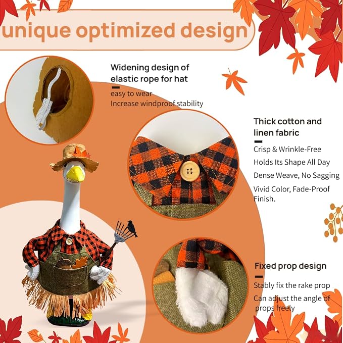 Fall Scarecrow Porch Goose Outfit – 3Pcs Harvest Farmer Costume with Straw Hat, Plaid Shirt Apron & Pitchfork Prop for 23'' Lawn Goose Statue, Outdoor Patio Yard Autumn Thanksgiving Halloween Decor