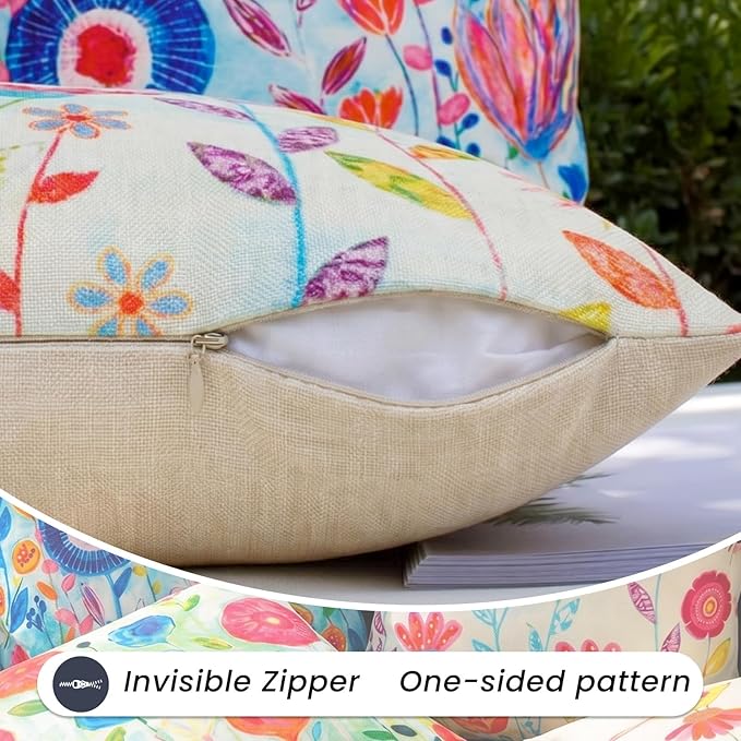 Colorful Floral Outdoor Lumbar Pillow Covers 12x20 Waterproof, Set of 4 | Floral Lumbar Pillow Cases, Flower Decor, Outdoor Lumbar Pillows for Patio Furniture Porch, No Decorative Pillow Inserts