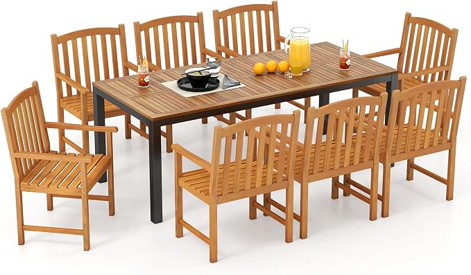 Tangkula 9 Piece Outdoor Wood Dining Set, Patio Rectangular Table with Umbrella Hole and 8 Solid Acacia Armchairs, for Porch, Garden, Backyard, Balcony