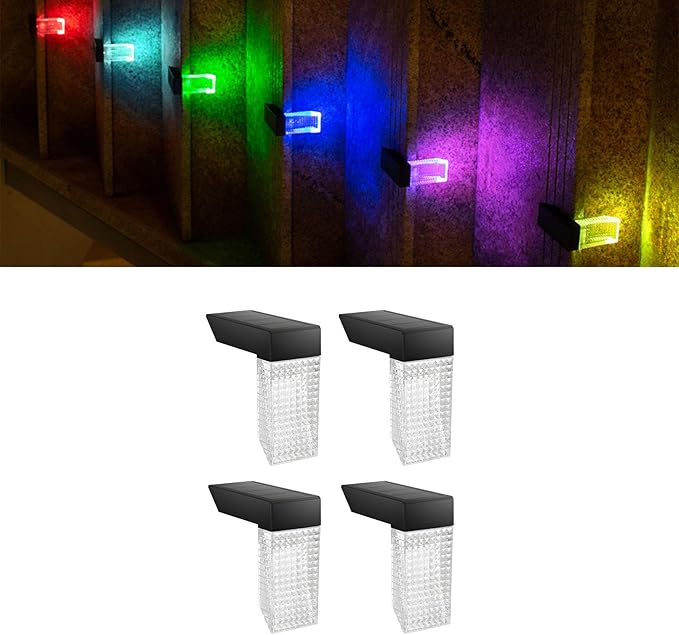 Solar Stair Lights IP65 Solar Step Light for Outdoor Stairs Waterproof for Rain Snow Lights for Patio Garden Porch Deck Front Step (Warm+RGB-4Pack)