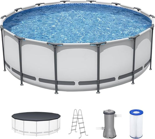 12ft x 48in Round Above Ground Pool Set – Corrosion-Resistant Metal Frame Outdoor Swimming Pool with Filter Pump, Ladder & Cover, Gray（12' x 48"）