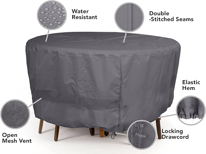 Covermates Elite Outdoor Round Dining Table Cover – All-Weather Water-Resistant Polyester, Mesh Ventilation, Adjustable Drawcord & Buckle Straps for Patio Furniture, 48DIAMETER x 25H, Charcoal