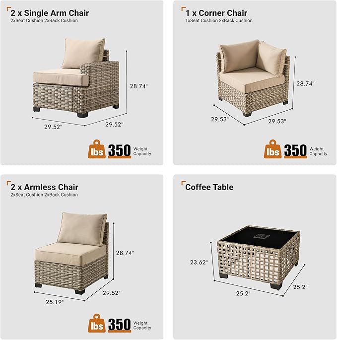 ovios 6 Piece Patio Sectional Furniture, Rattan Wicker Coversation Couch Set, Outdoor Sofa Set for Outside Porch Balcony Backyard Pool,Beige