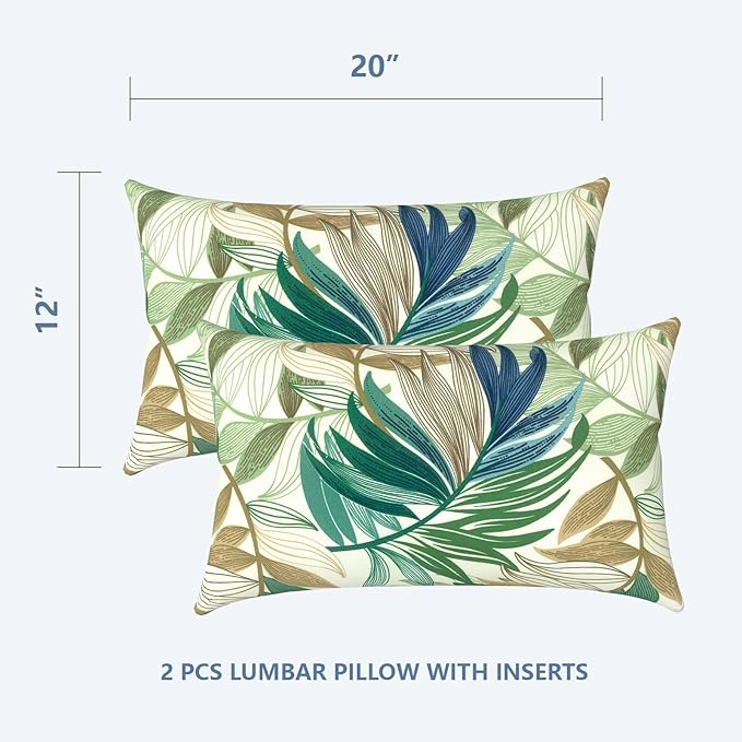 LVTLVTXIII 12×20 Inch Outdoor Lumbar Pillows, Pack of 2 Water Repellent Lumbar Pillow with Inserts, Fluffy Decorative Garden Lumbar Cushions for Home Patio Coach Sofa Use, Lush Leaf Green