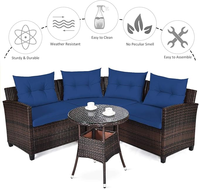 Tangkula 4-Piece C Shape Patio Furniture Set, Outdoor Corner Wicker Rattan Sectional Cushioned Sofa Set, with Glass Coffee Table, for Garden Poolside Balcony (Navy Blue)