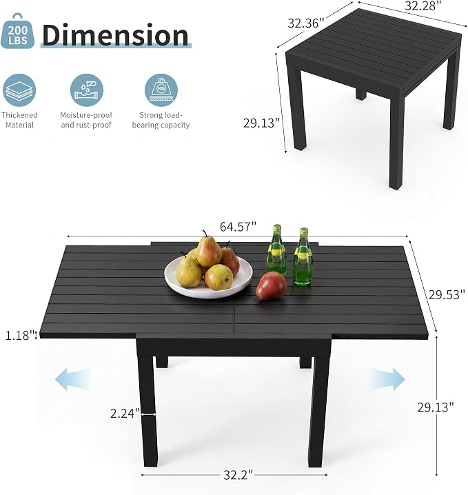 Expandable Patio Dining Table for 4-6 Person, Aluminum Extendable Outdoor Table, 32"-65" Adjustable Patio Table, Square/Rectangular Outdoor Accent Table for Garden, Backyard, Poolside, Black