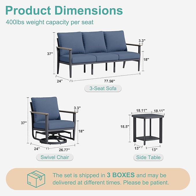 7-Seat Outdoor Patio Furniture Set with Rocking Swivel Chair, Aluminum Sectional Sofa Set with Ottomans, Patio Conversation Set with High Backrest & Thickened Cushions, Navy Blue