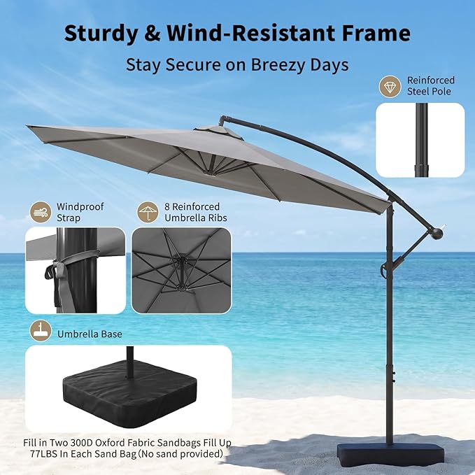 10ft Cantilever Offset Patio Umbrella with Base, Large Outdoor Patio Umbrella, 360° Rotation & Easy Tilt Adjustment, UV Protection Waterproof Patio Umbrellas for Backyard, Garden, Patio, Deck, Pool