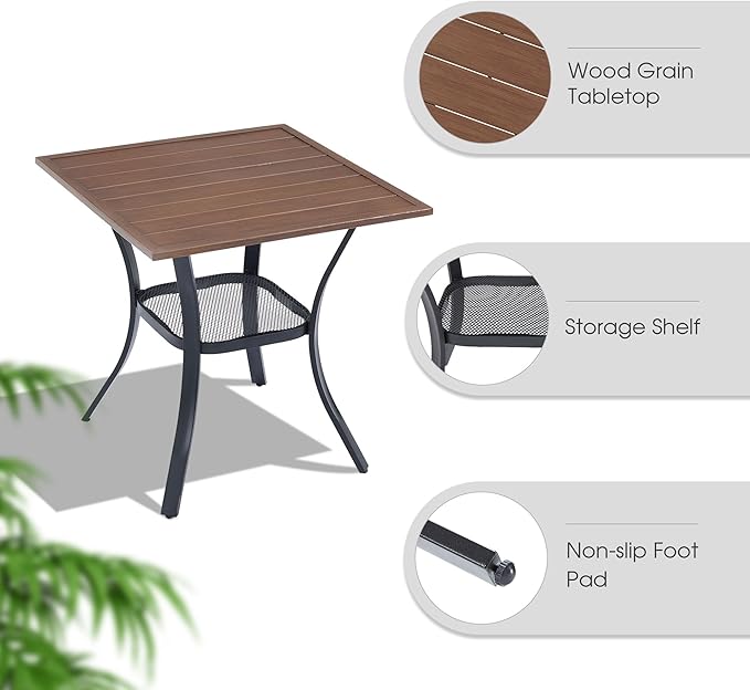 VICLLAX Outdoor Table and Chairs Set for 2, Small Patio Dining Set with 27.5" Metal Square Patio Table & 2 Swivel Outdoor Dining Chairs for Backyard Lawn Porch Garden, Charcoal & Walnut