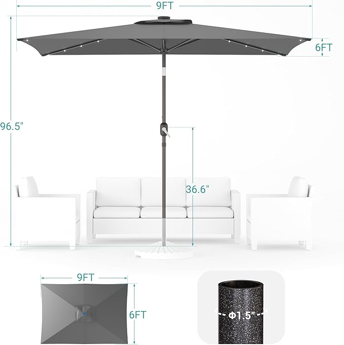 Rectangle Patio Umbrella with Solar Lights, 6x9ft Outdoor Rectangular Table Market Umbrella Patio with Push Button Tilt and Crank for Pool, Deck, Garden,Backyard