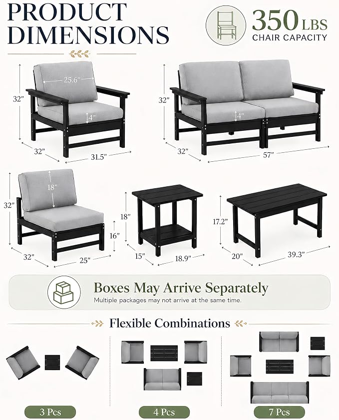 HDPE Outdoor Loveseat Patio Furniture Set with Cushions, 3 Piece Patio Conversation Set Sofa Set,All Weather Outdoor Couch Set with Coffee Table for Lawn, Garden, Deck