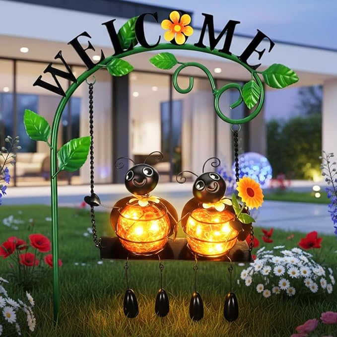 Glooglitter Ladybug Swing Solar Light Metal Summer Ladybug Hanging Animal Lady Bugs Live Garden Decorative Gift with Welcome Sign Waterproof Solar Outdoor Lights for Patio Balcony Pathway Lawn Yard