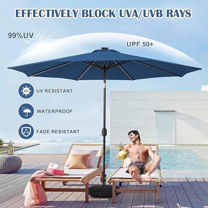Sundale Outdoor Solar 80 LED 9 ft Patio Umbrella with Sand Bag Umbrella Base, Outdoor Umbrella with Tilt and Crank, Navy