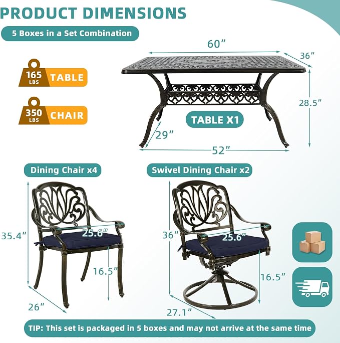 MEETWARM 7-Piece Outdoor Patio Dining Set, All-Weather Cast Aluminum Patio Conversation Set with 2 Swivel Rocker Chairs, 4 Stationary, 1 Rectangular Table, 6 Cushions, 2" Umbrella Hole, Navy Blue