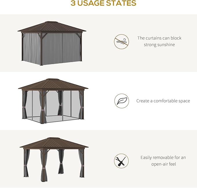 Outsunny 10' x 12' Hardtop Gazebo with Curtains and Netting, Permanent Pavilion Metal Single Roof Gazebo Canopy with Aluminum Frame and Hooks, for Garden, Patio, Backyard, Gray