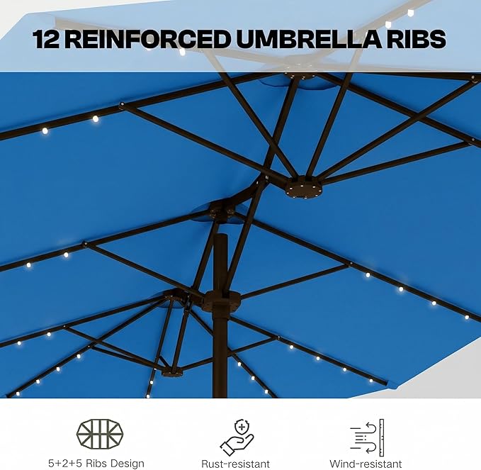 Large Patio Umbrella with Solar Lights and Base, Double-Sided Outdoor Rectangle Umbrella with 48 LED Lights, Market Table Umbrellas with UV Resistant Canopy