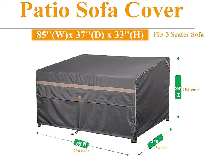Heavy Duty Waterproof Outdoor Patio Loveseat Sofa Cover UV Resistant Patio Furniture Covers 3 Seater 85" W X 37" D X 33" H Dark Grey