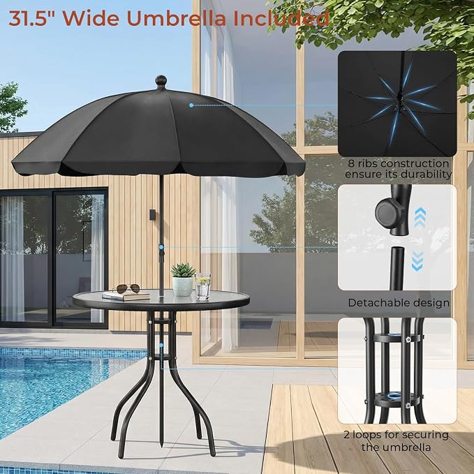TLSUNNY 6 Pieces Patio Dining Set with 65″ Umbrella, Outdoor Table and Chairs with 31.5″ Round Glass Table, 4 Folding Textilene Chairs, Patio Dining Set W/Steel Frame, for Poolside, Backyard (Black)