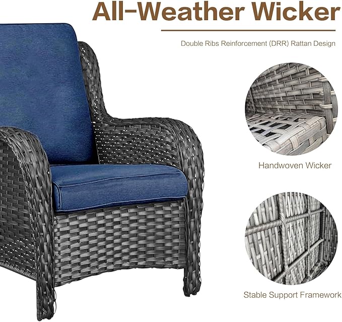 5 Pieces Outdoor Patio Furniture Conversation Set PE Rattan Wicker with a 3-Seater Sofa, 2 Armchairs, 2 Outdoor Ottomans for Yard Backyard (Grey/Navy Blue)