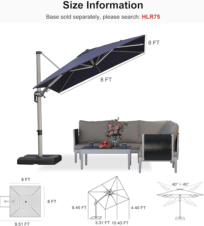 PURPLE LEAF 8' X 8' Left-right Tilting Patio Umbrella Outdoor Swivel Cantilever Umbrella Aluminum Offset Umbrella with Champagne Frame and 360-degree Rotation for Garden Deck Pool, Navy Blue