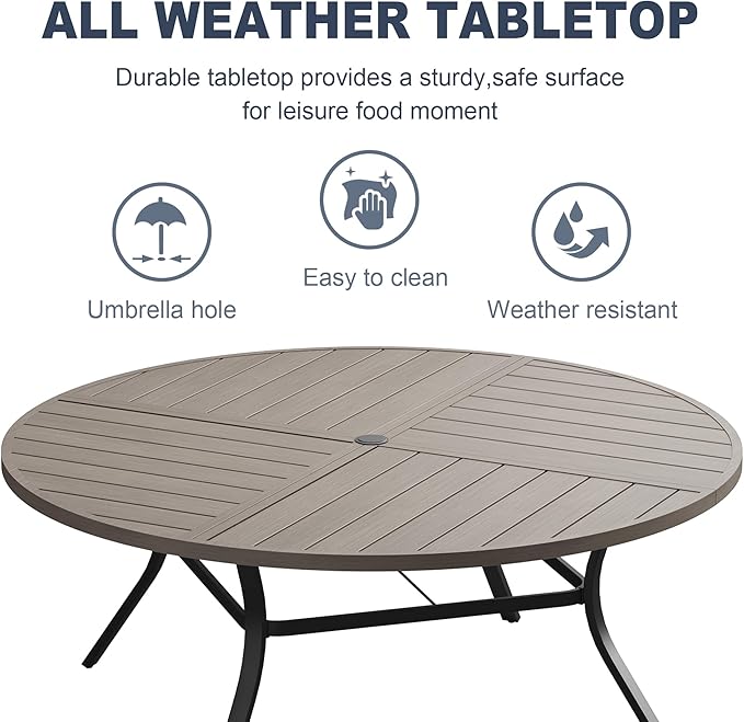 VICLLAX Patio 9 Pieces Outdoor Dining Set, 60" Round Metal Table with Umbrella Hole and 8 Swivel Textilene Chairs for Lawn, Garden, Porch, Grey