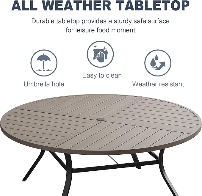 VICLLAX 60" Round Patio Dining Table for 8-10, All Weather Metal Outdoor Table with 1.57" Umbrella Hole and Surdy Frame for Garden Lawn Deck, Grey