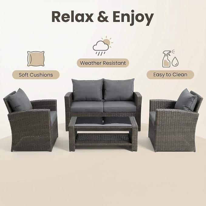 4 Pieces Outdoor Patio Furniture Set, PE Wicker Patio Conversation Set with Cushions and Tea Table, All-Weather Outside Rattan Sectional Sofa for Backyard,Porch, Garden, Balcony, Grey