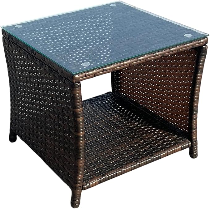 Outdoor Patio Wicker Table,Rattan Side Table,Modern Patio End Side Table with Glass Countertop and Storage Space,for Porch Garden Balcony
