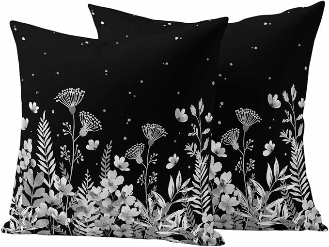 Outdoor Pillow Covers Waterproof, Vintage Floral Decorative Square Throw Pillowcases Patio Cushion Covers for Tent/Garden, 20" x 20" 2 Pack, Spring Wildflowers Country Botanical Black