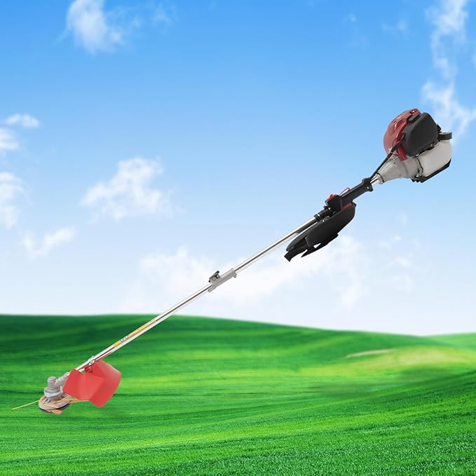 35.88CC Brush Cutter and Grass Trimmer, 4-Stroke Gas Trimmer Edger Mower 8500r/min Powerful 2 Blade Heads Brush Cutter with Grass Baffle & Funnel for Lawn Care