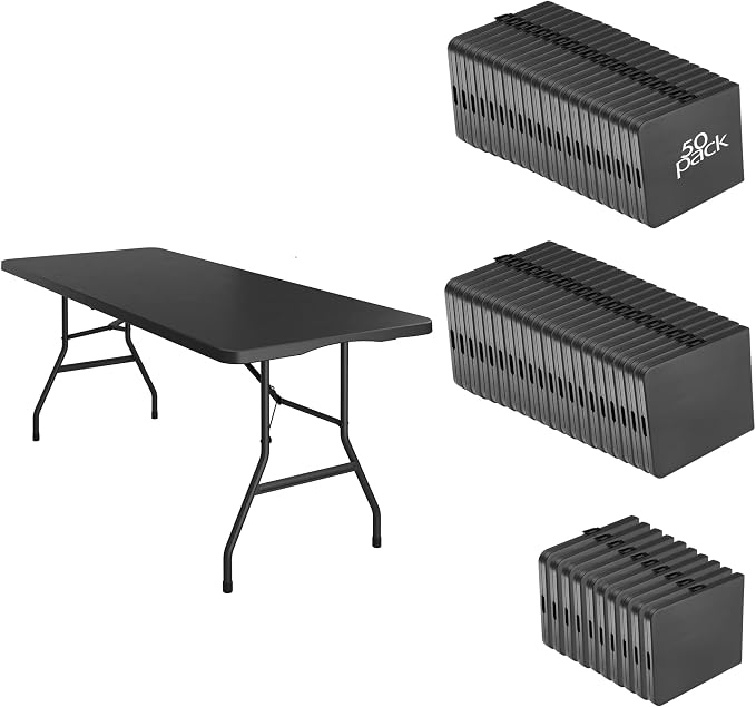 50 Pack of 6 Foot Foldable Table with Built in Handle & Steel Legs ,Heavy Duty Portable ,Perfect for Party, Dining, Wedding, Events, Picnic Indoor, Outdoor, Camping, Utility, Folding(Black-50pac)