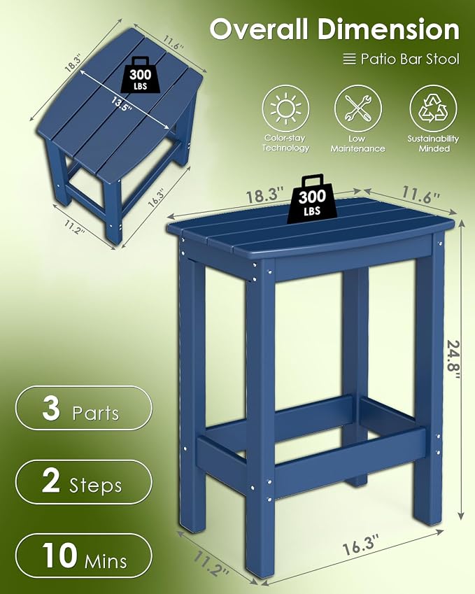 GREENVINES Outdoor-Bar-Stools-Set-of-2 | Patio Counter Height Backless Barstools | HDPE Plastic | 18" W x 13.5" D x 25" H | Chairs for Backyard Balcony Poolside | Blue