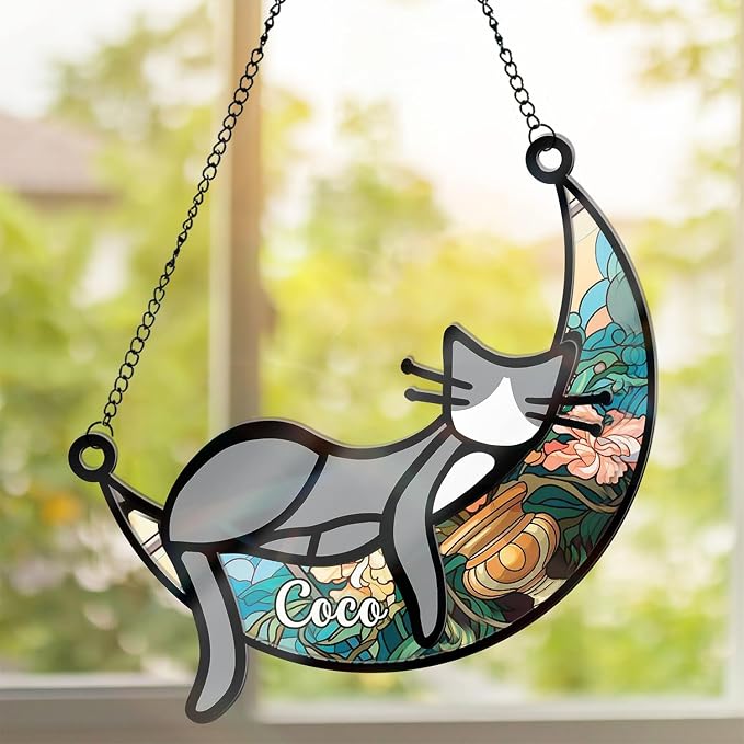 Custom Cat Memorial Suncatcher for Windows Ornament, Pet Sympathy Gift to Memorialize The Loss, Cat Sleep Sun Catchers with Personalized Decorations in Loving Memory for Loss Pet