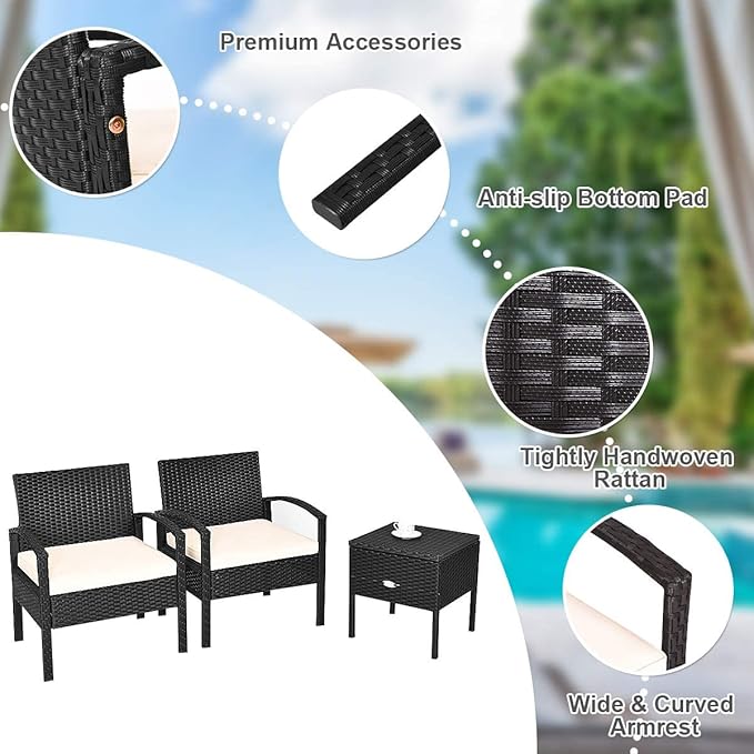 HAPPYGRILL 3 Pieces Patio Furniture Set Rattan Wicker Sofa Set with Removable Cushions and Coffee Table, Outdoor Conversation Bistro Chairs Set with Storage Table for Garden Poolside Balcony