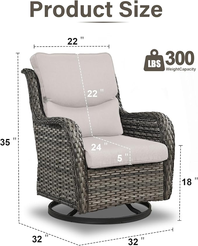 Swivel Patio Chairs Set of 2 with 5" Thick Cushion - Wicker Outdoor Swivel Rocker Patio Chairs, High Back Comfortable Outdoor Glider Chair for Balcony, Porch, Deck, Poolside - Gray/Beige